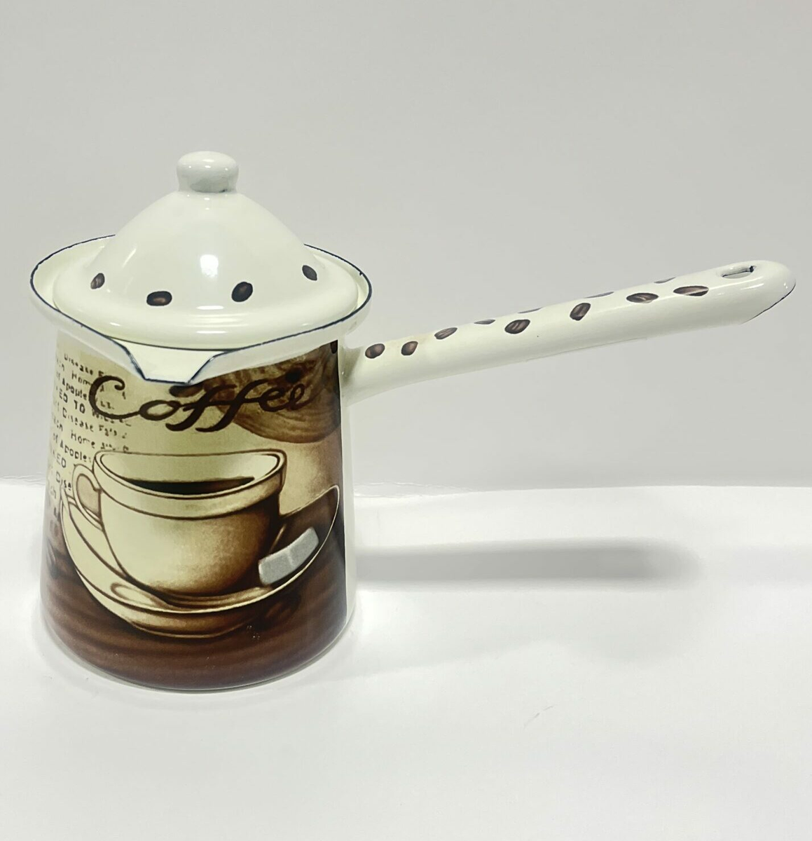 COFFEE WARMER ENAMEL BROWN CUP PRINT