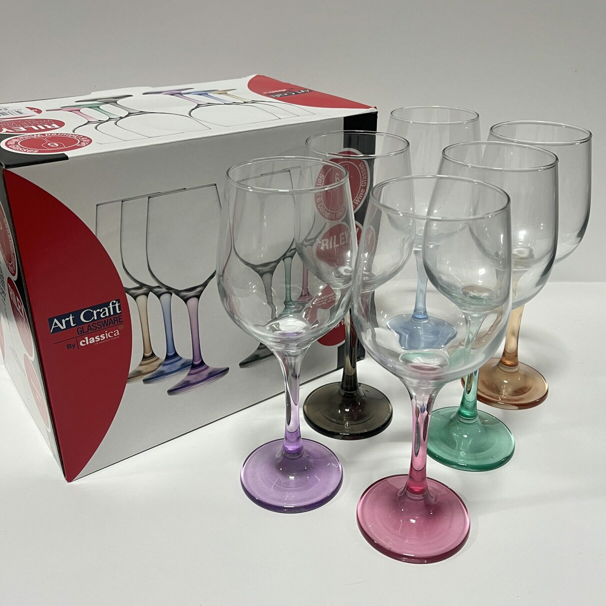 CLASSICA GLASS WINE COLORED STEM SET GREY GREEN PINK PURPLE BLUE BROWN 6X16OZ