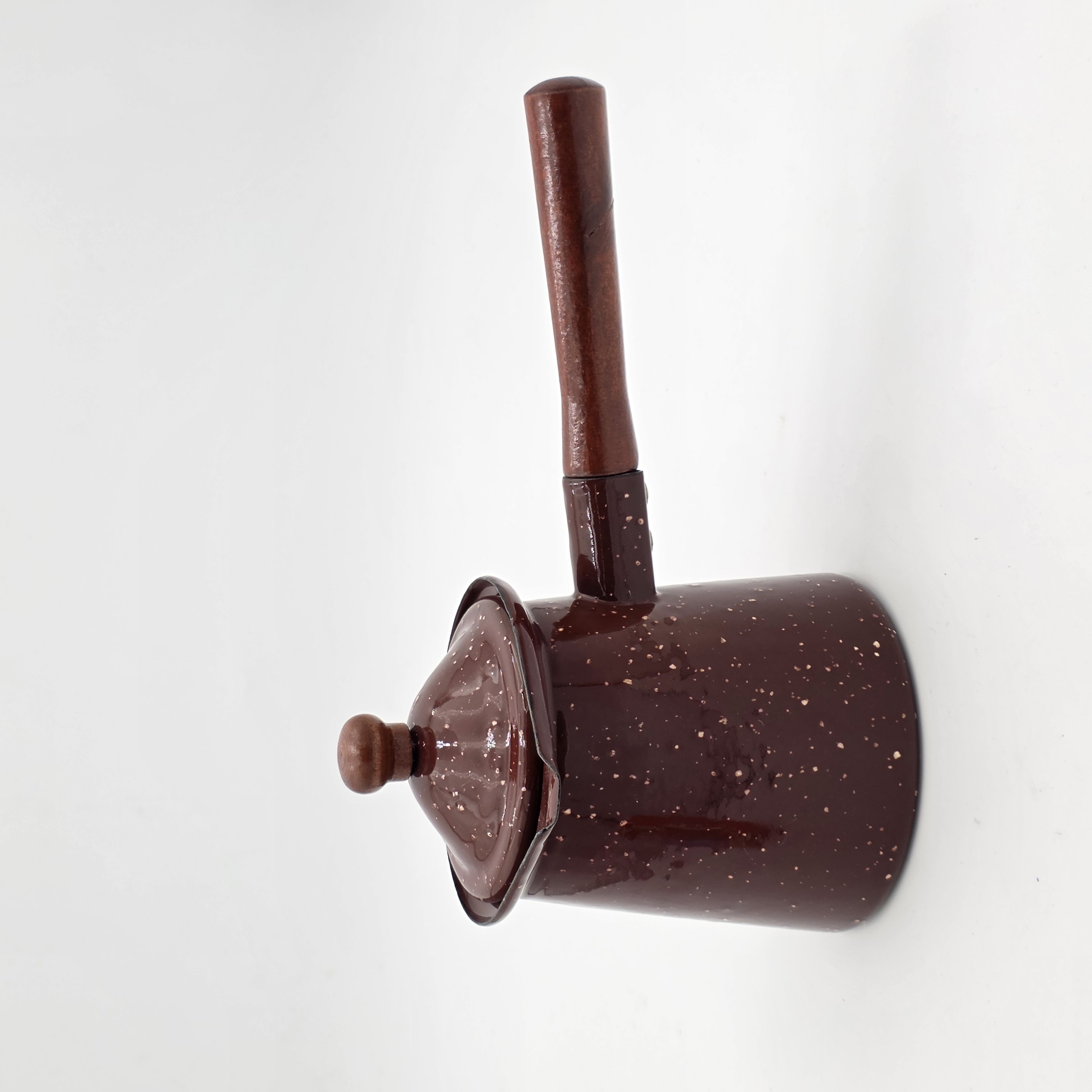 ENAMEL COFFEE WARMER WOODEN HANDLE